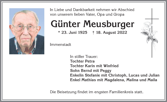 Traueranzeige von Günter Meusburger von Allgäuer Anzeigeblatt