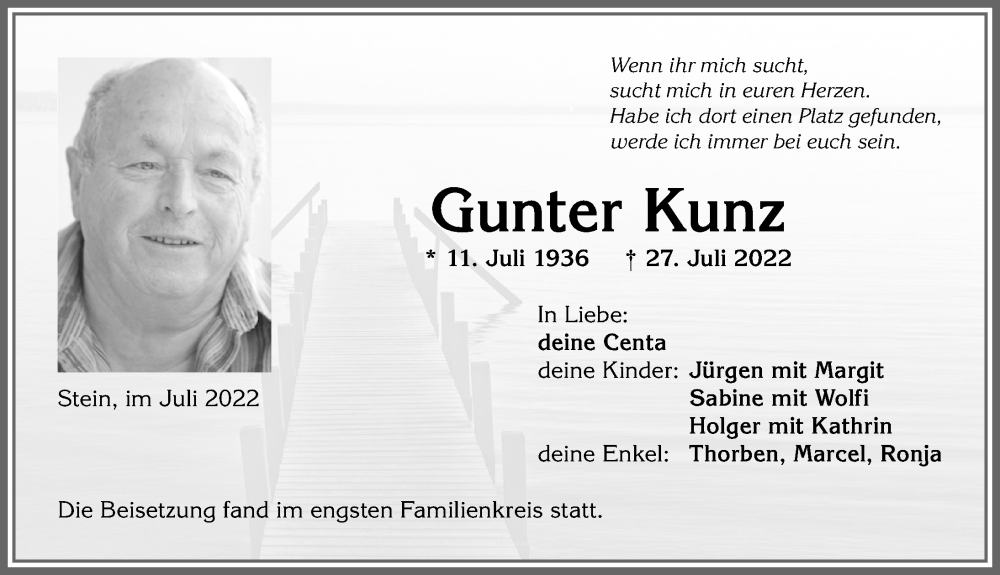  Traueranzeige für Gunter Kunz vom 04.08.2022 aus Allgäuer Anzeigeblatt