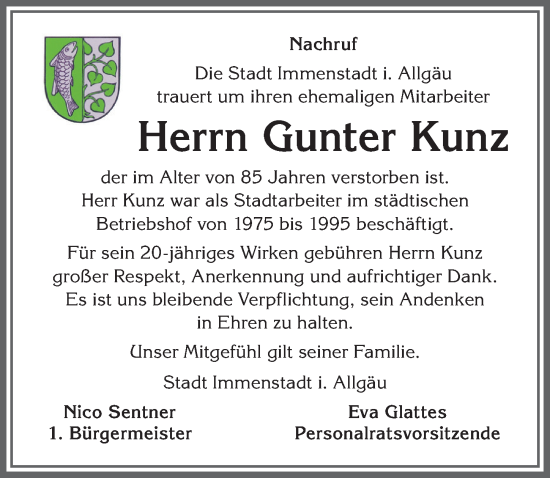 Traueranzeige von Gunter Kunz von Allgäuer Anzeigeblatt