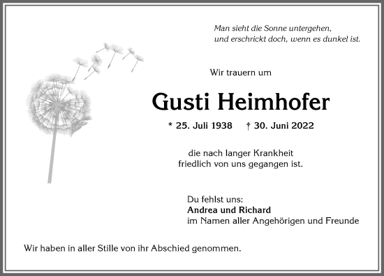 Traueranzeige von Gusti Heimhofer von Allgäuer Anzeigeblatt
