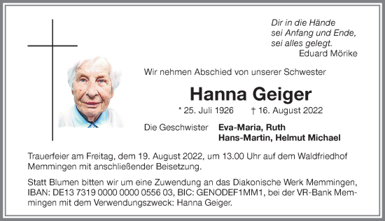 Traueranzeige von Hanna Geiger von Memminger Zeitung