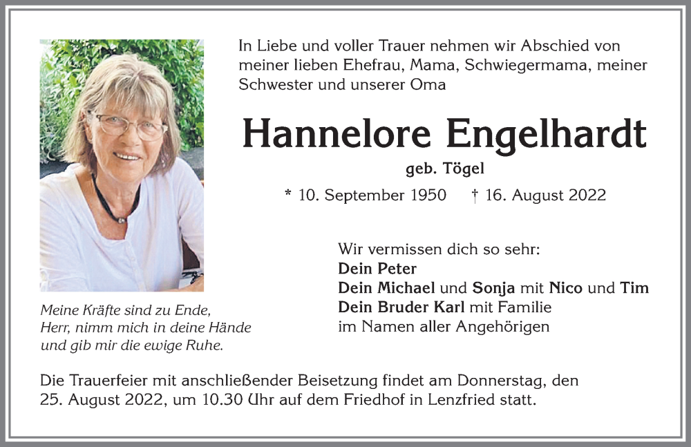  Traueranzeige für Hannelore Engelhardt vom 23.08.2022 aus Allgäuer Zeitung,Kempten