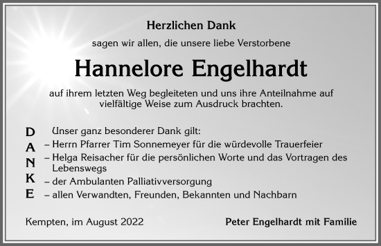 Traueranzeige von Hannelore Engelhardt von Allgäuer Zeitung,Kempten