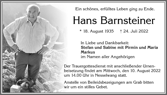 Traueranzeige von Hans Barnsteiner von Allgäuer Zeitung, Füssen
