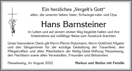 Traueranzeige von Hans Barnsteiner von Allgäuer Zeitung, Füssen