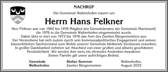 Traueranzeige von Hans Felkner von Allgäuer Anzeigeblatt