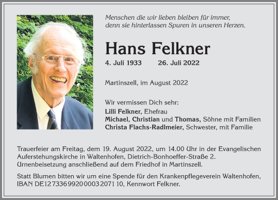 Traueranzeige von Hans Felkner von Allgäuer Anzeigeblatt