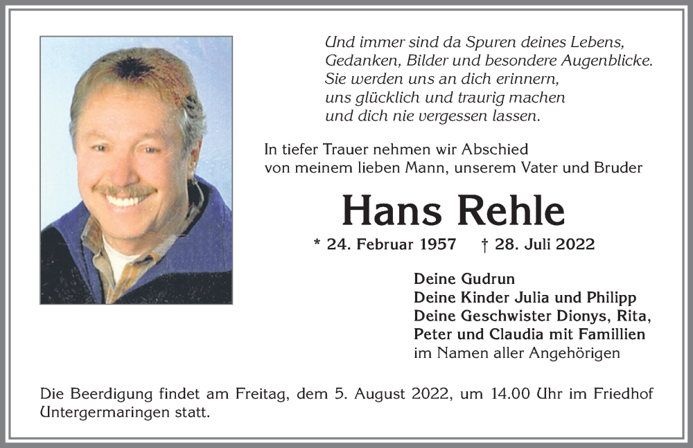  Traueranzeige für Hans Rehle vom 01.08.2022 aus Allgäuer Zeitung, Kaufbeuren/Buchloe