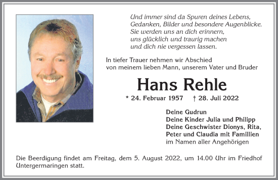 Traueranzeige von Hans Rehle von Allgäuer Zeitung, Kaufbeuren/Buchloe