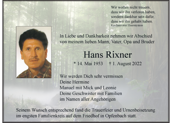 Traueranzeige von Hans Rixner von Der Westallgäuer