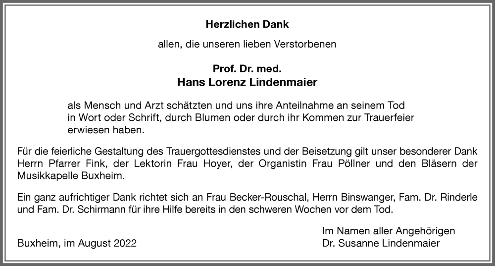  Traueranzeige für Hans Lorenz Lindenmaier vom 06.08.2022 aus Memminger Zeitung