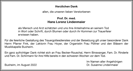 Traueranzeige von Hans Lorenz Lindenmaier von Memminger Zeitung