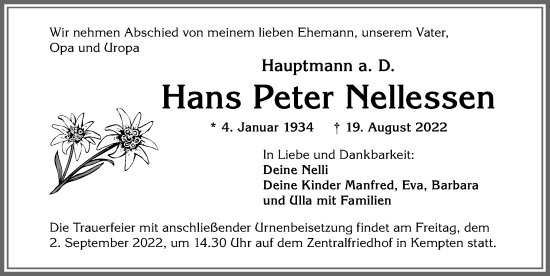Traueranzeige von Hans Peter Nellessen von Allgäuer Zeitung,Kempten