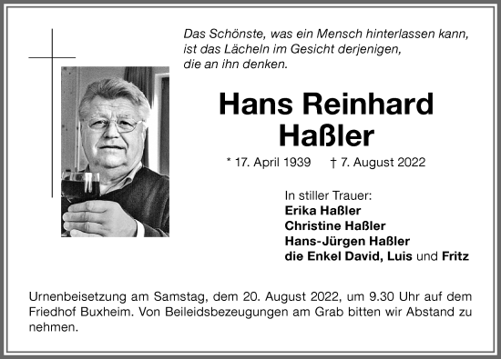 Traueranzeige von Hans Reinhard Haßler von Memminger Zeitung