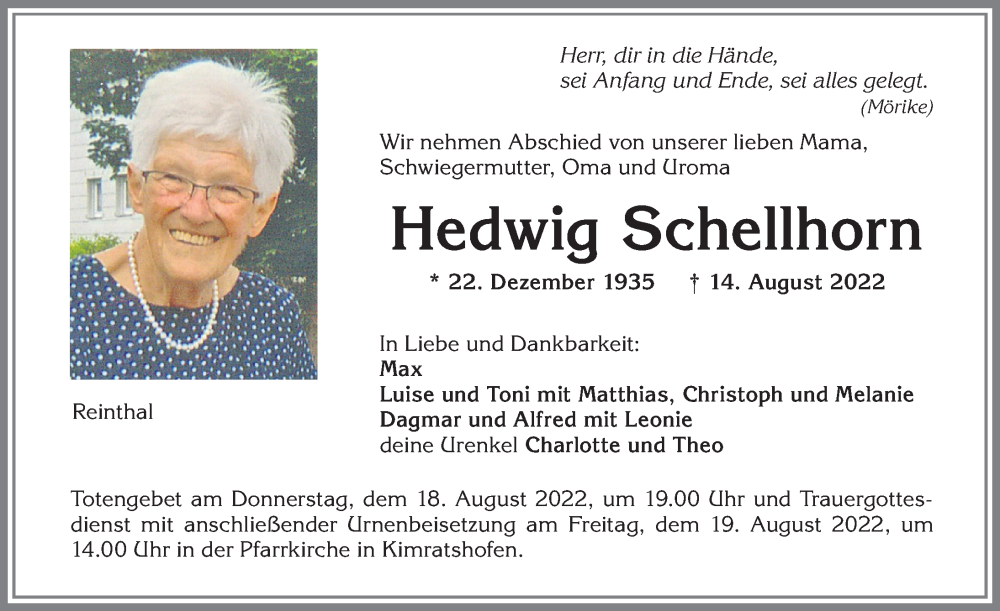  Traueranzeige für Hedwig Schellhorn vom 17.08.2022 aus Allgäuer Zeitung,Kempten