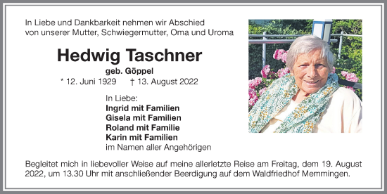 Traueranzeige von Hedwig Taschner von Memminger Zeitung