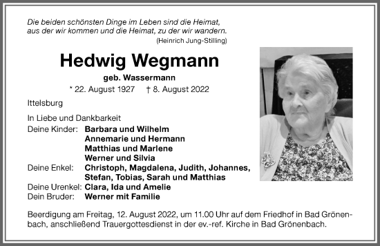 Traueranzeige von Hedwig Wegmann von Memminger Zeitung