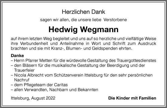 Traueranzeige von Hedwig Wegmann von Memminger Zeitung