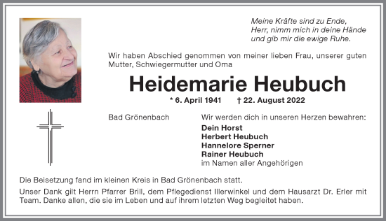 Traueranzeige von Heidemarie Heubuch von Memminger Zeitung