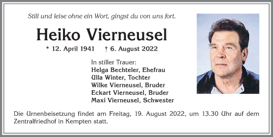 Traueranzeige von Heiko Vierneusel von Allgäuer Zeitung,Kempten