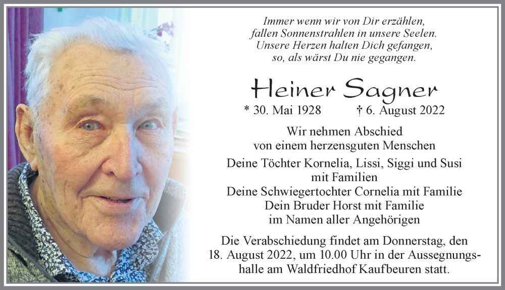  Traueranzeige für Heiner Sagner vom 13.08.2022 aus Allgäuer Zeitung, Kaufbeuren/Buchloe