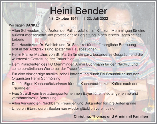 Traueranzeige von Heini Bender von Memminger Zeitung