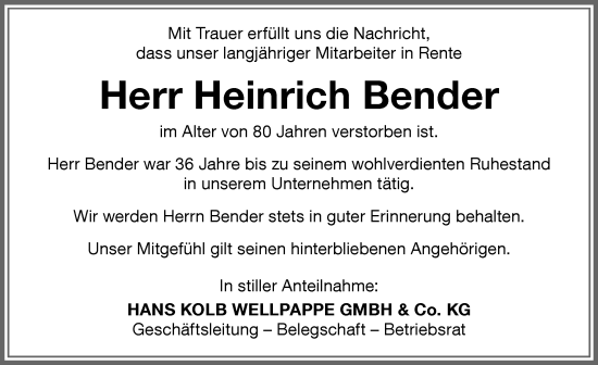 Traueranzeige von Heinrich Bender von Memminger Zeitung