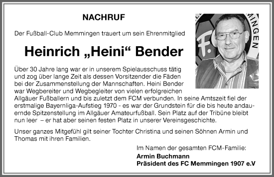 Traueranzeige von Heinrich Bender von Memminger Zeitung