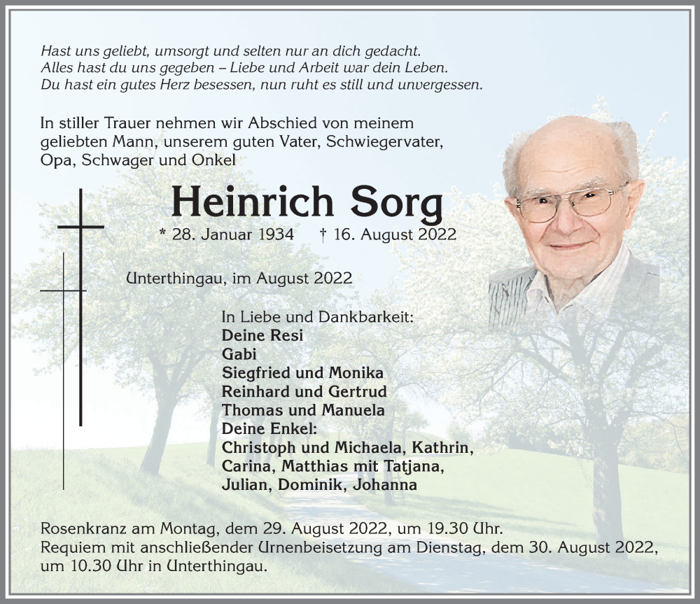  Traueranzeige für Heinrich Sorg vom 26.08.2022 aus Allgäuer Zeitung, Marktoberdorf