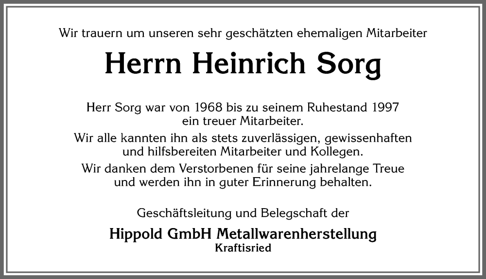  Traueranzeige für Heinrich Sorg vom 29.08.2022 aus Allgäuer Zeitung, Marktoberdorf