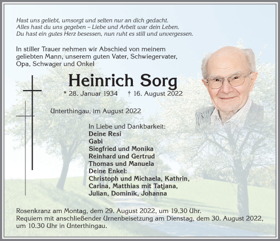Traueranzeige von Heinrich Sorg von Allgäuer Zeitung, Marktoberdorf