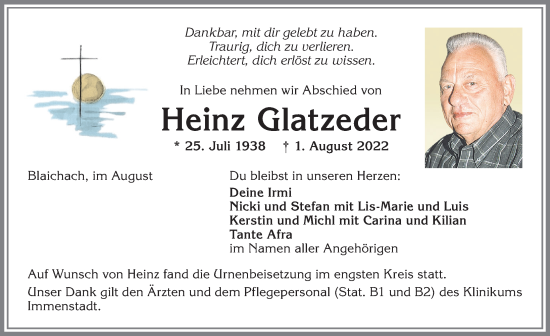 Traueranzeige von Heinz Glatzeder von Allgäuer Anzeigeblatt