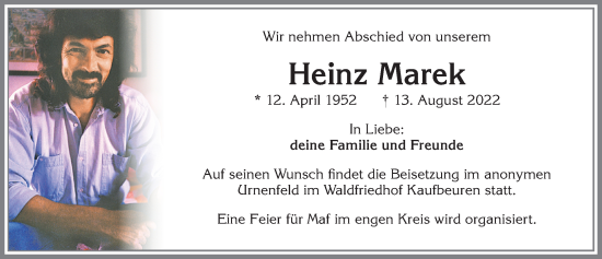 Traueranzeige von Heinz Marek von Allgäuer Zeitung, Kaufbeuren/Buchloe