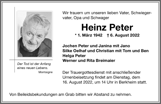Traueranzeige von Heinz Peter von Memminger Zeitung