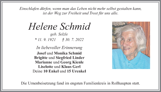 Traueranzeige von Helene Schmid von Allgäuer Zeitung, Füssen