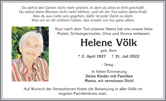 Traueranzeige von Helene Völk von Allgäuer Zeitung, Füssen