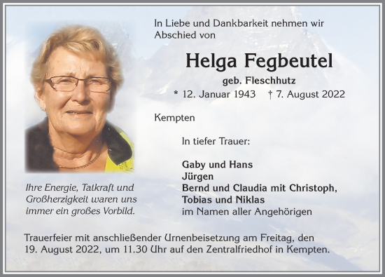 Traueranzeige von Helga Fegbeutel von Allgäuer Zeitung,Kempten