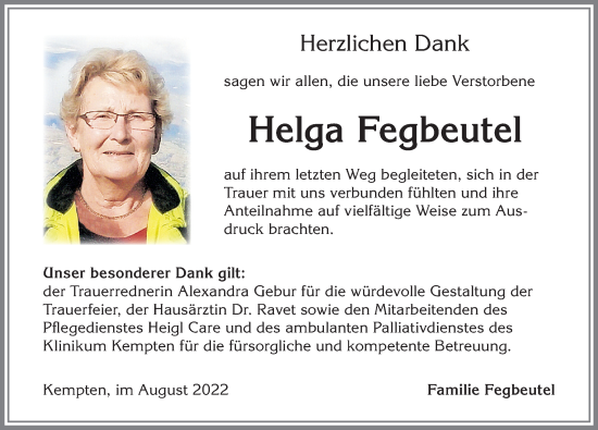 Traueranzeige von Helga Fegbeutel von Allgäuer Zeitung,Kempten