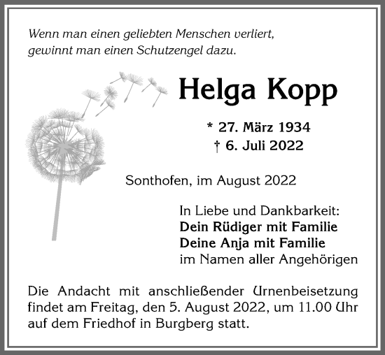 Traueranzeige von Helga Kopp von Allgäuer Anzeigeblatt