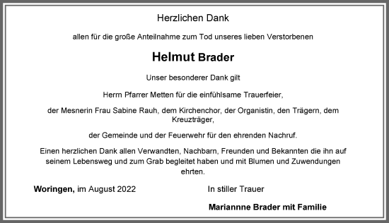 Traueranzeige von Helmut Brader von Memminger Zeitung