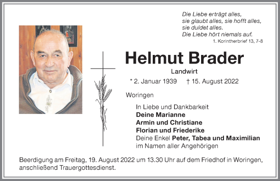 Traueranzeige von Helmut Brader von Memminger Zeitung