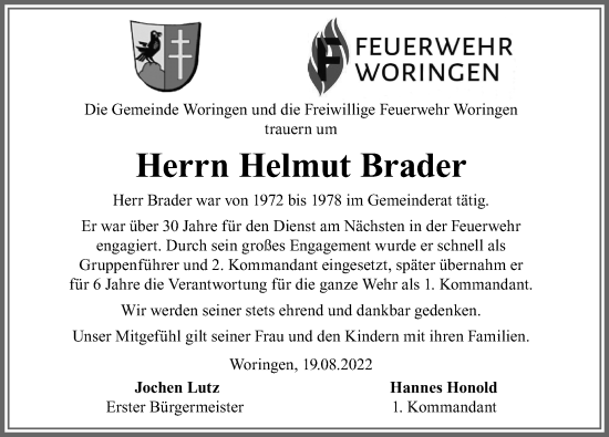 Traueranzeige von Helmut Brader von Memminger Zeitung