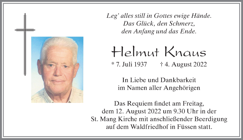  Traueranzeige für Helmut Knaus vom 10.08.2022 aus Allgäuer Zeitung, Füssen