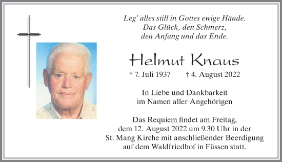 Traueranzeige von Helmut Knaus von Allgäuer Zeitung, Füssen