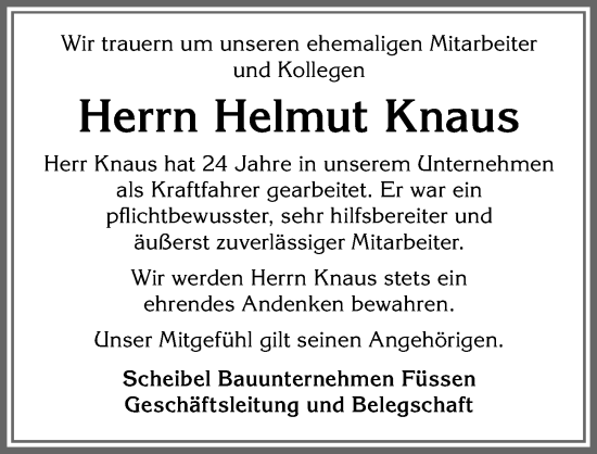 Traueranzeige von Helmut Knaus von Allgäuer Zeitung, Füssen