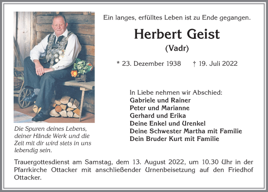 Traueranzeige von Herbert Geist von Allgäuer Zeitung,Kempten
