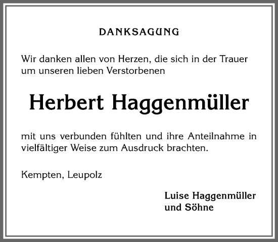Traueranzeige von Herbert Haggenmüller von Allgäuer Zeitung,Kempten