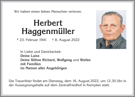 Traueranzeige von Herbert Haggenmüller von Allgäuer Zeitung,Kempten