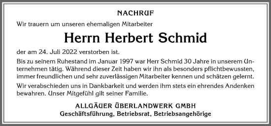 Traueranzeige von Herbert Schmid von Allgäuer Zeitung,Kempten