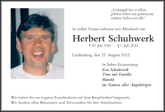 Traueranzeige von Herbert Schuhwerk von Der Westallgäuer